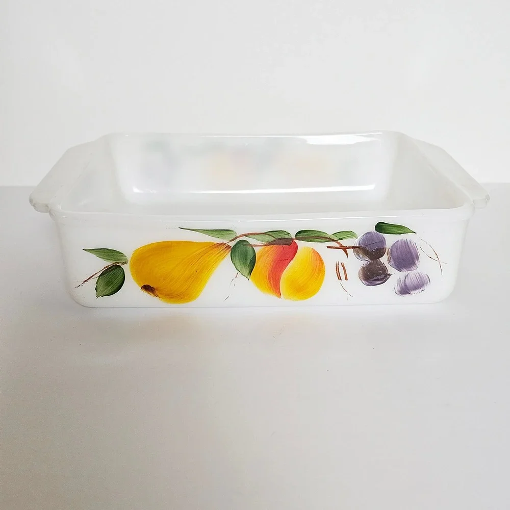 VTG Fire King Gay Fad Fruit Milk Glass Bakeware Set 3pc Square Pan Round Bowl